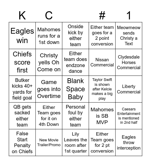Superbowl LIX Chiefs vs. Eagles 2/9/25 Bingo Card