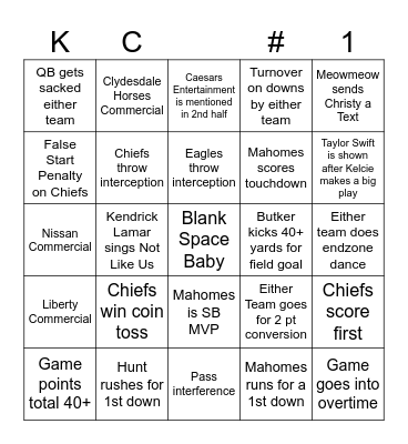 Superbowl LIX Chiefs vs. Eagles 2/9/25 Bingo Card