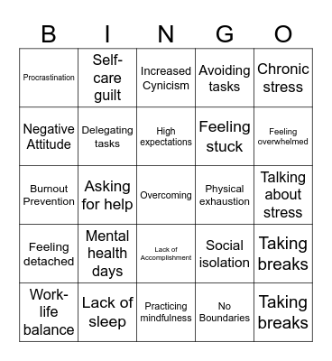 Burnout escape BINGO Card
