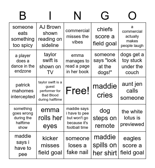 superbowl Bingo Card