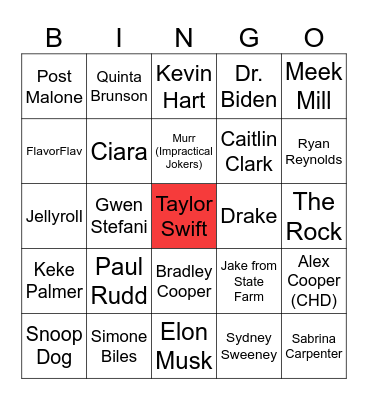 Superbowl Celebrity Sighting Bingo Card