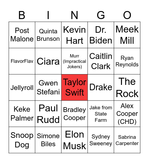 Superbowl Celebrity Sighting Bingo Card