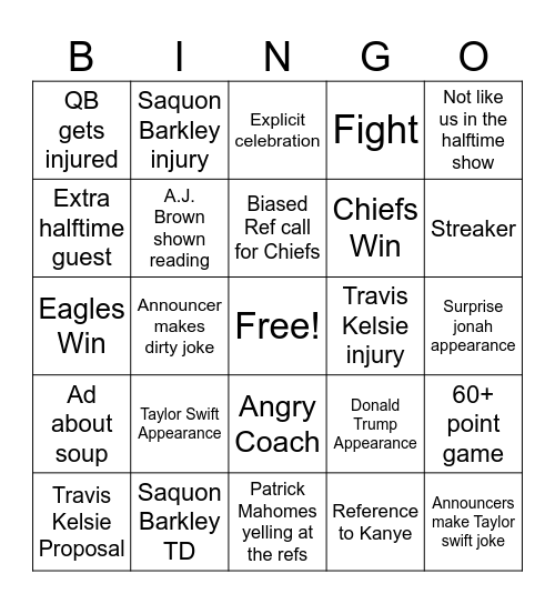 Super Bowl Bingo Card Bingo Card