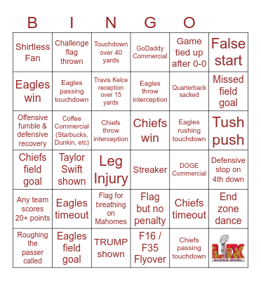 Super Bowl 2025 Bingo Card