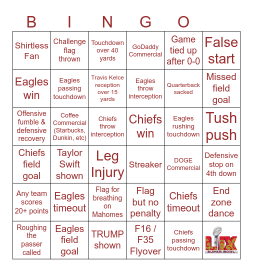Super Bowl 2025 Bingo Card
