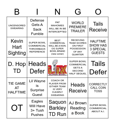 LIX Super Bowl Bingo Card