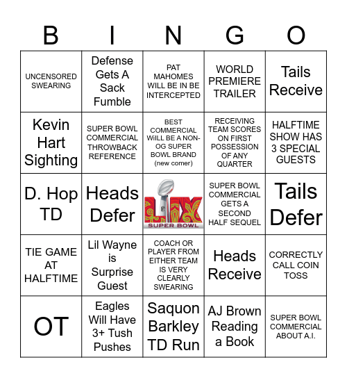 LIX Super Bowl Bingo Card