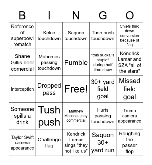 Superbowl LIX Bingo Card