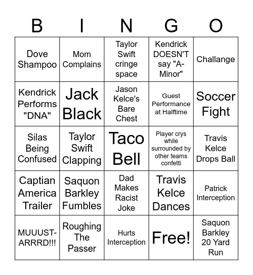 Super Bowl Bingo Card