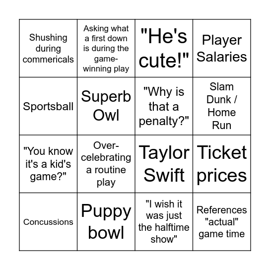 Non-Sports Fan Watching the Super Bowl Bingo Card