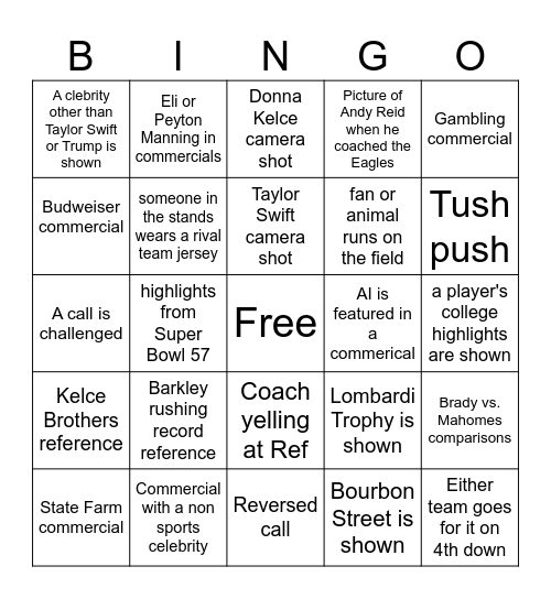 Super Bowl 59 Bingo Card