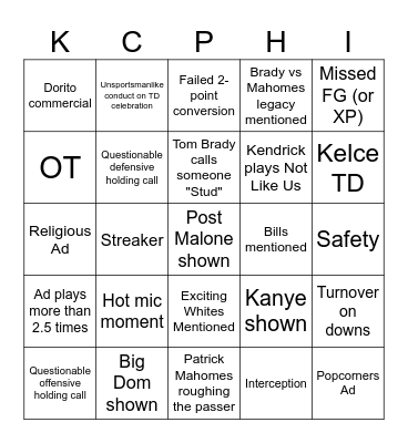 Super Bowl LIX Bingo Card