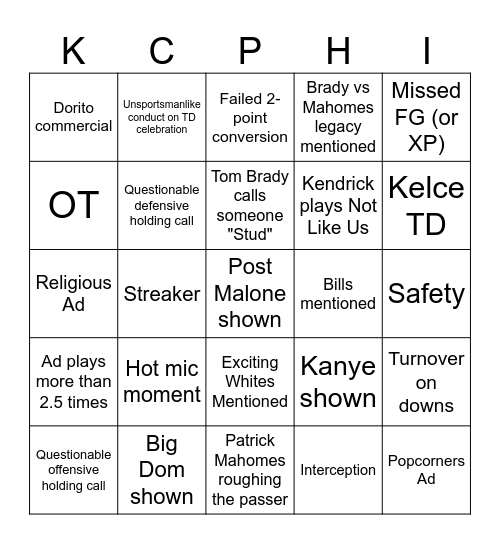 Super Bowl LIX Bingo Card