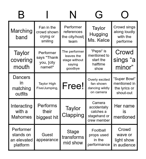 Taylor’d Halftime Show Bingo Card