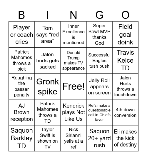 Super Bowl LIX Bingo Card