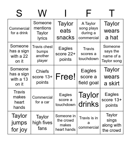 Swiftiebowl Bingo Card