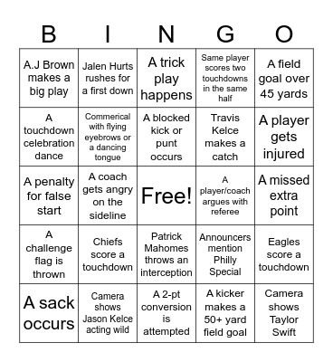 Super Bowl Bingo! Bingo Card