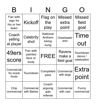 Super Bowl Bingo (Kids) Bingo Card