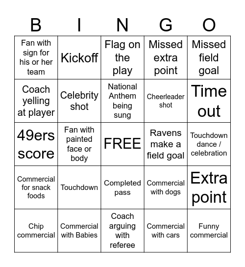 Super Bowl Bingo (Kids) Bingo Card