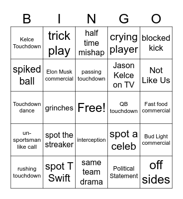 Super Bowl Bingo Card