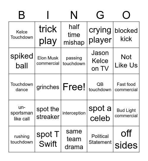 Super Bowl Bingo Card