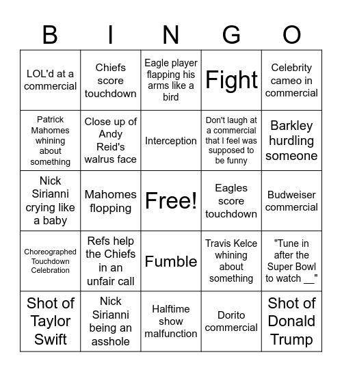 Super Bowl LIX Bingo Card