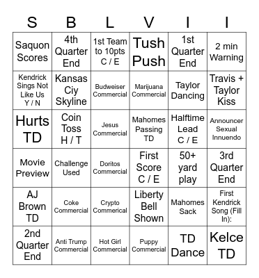 Super Bowl Bingo Card