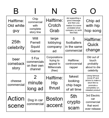 Super bowl Commercials and Halftime Bingo Card