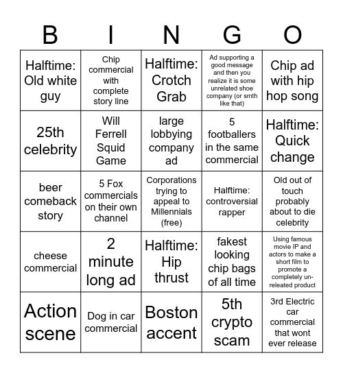 Super bowl Commercials and Halftime Bingo Card