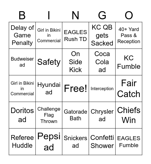 Super Bowl Bingo Card