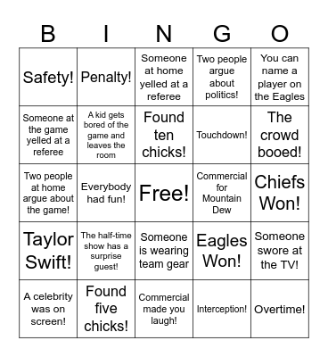 Super Bowl Party Bingo Card