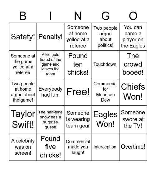 Super Bowl Party Bingo Card