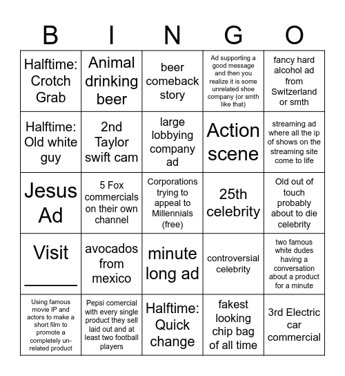 2025 Super bowl Commercials and Halftime Bingo Card