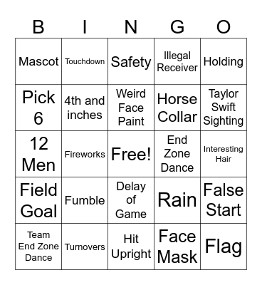 Super Bowl Game Bingo Card