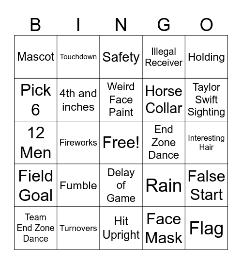Super Bowl Game Bingo Card