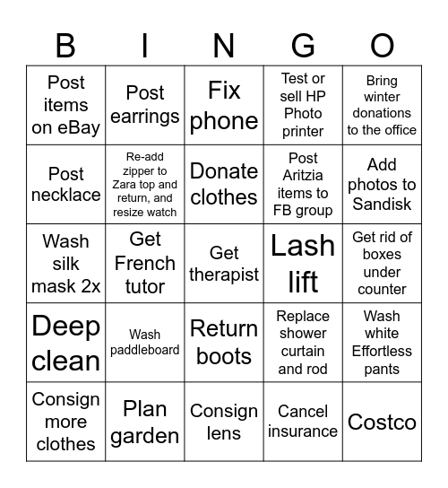 Errands Bingo Card