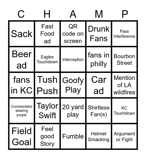 SUPER BOWL BINGO Card