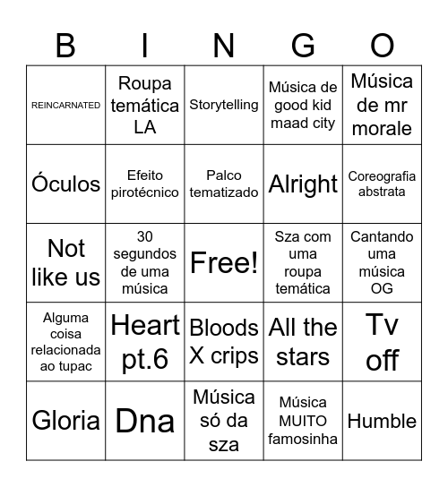 Kendrick halftime Bingo Card