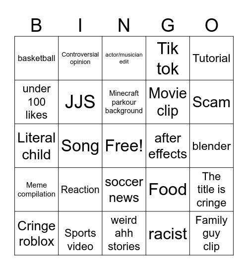 YouTube shorts Bingo Card