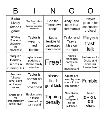 Superbowl 2025 Bingo Card