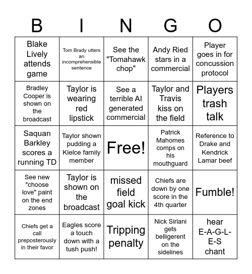 Superbowl 2025 Bingo Card