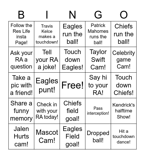 Res Life Bingo Card