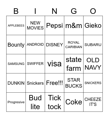 Super Bowl Commercial Bingo Card