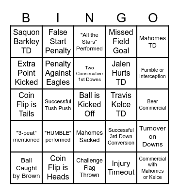 Super Bowl LIX Bingo Card