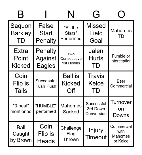 Super Bowl LIX Bingo Card
