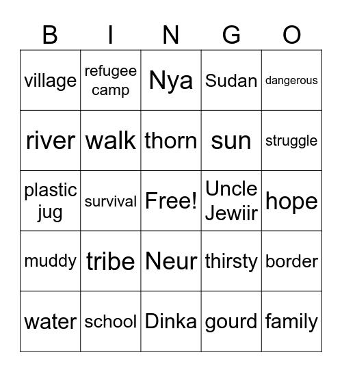Ch.1-6 A Long Walk to Water Bingo Card
