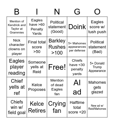 Superbowl LIX Bingo Card
