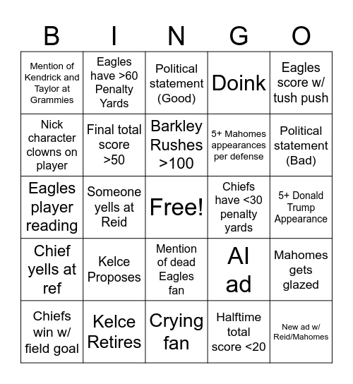 Superbowl LIX Bingo Card