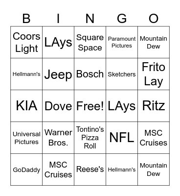 Super Bowl 2025 Commercial Bingo Card