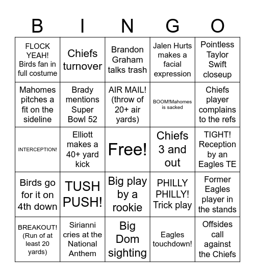 Super Bowl Bingo Card